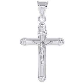 14k White Gold Rounded Christian INRI 3-D Crucifix Tube Cross Pendant