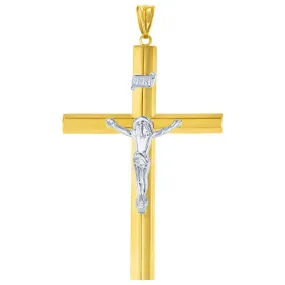 14K Yellow Gold & White Gold Large Tube Crucifix Six Sided Cross Pendant