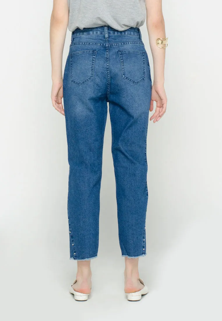 Ankle Fit Denim Pants with Row Edge on the Hem