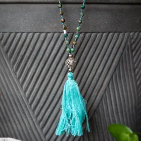 Bali Mala Bead Necklace w/Tassel (6mm)- Chrysocolla