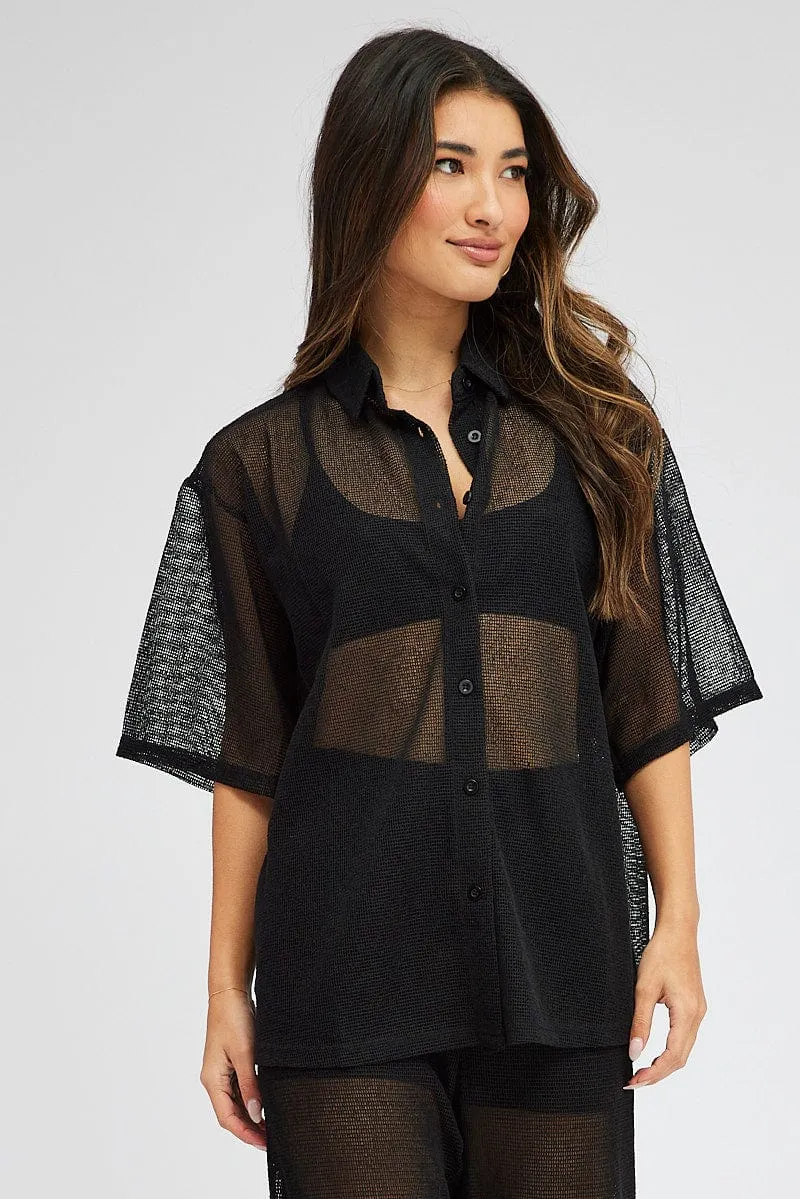 Black Collar Knit Top Short Sleeve