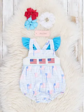 Blue Gingham American Flag Smocked Bubble