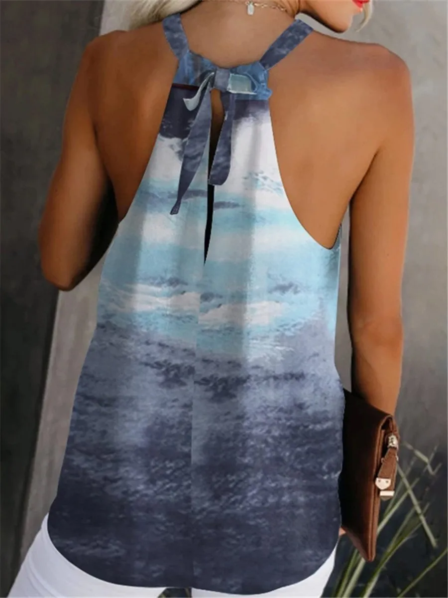 Blue Loose Casual Sholderless Halter Tank Tops