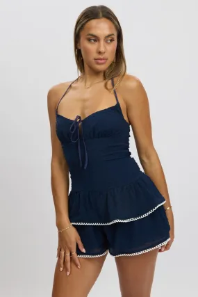 Blue Ruffle Playsuit Lace Trim