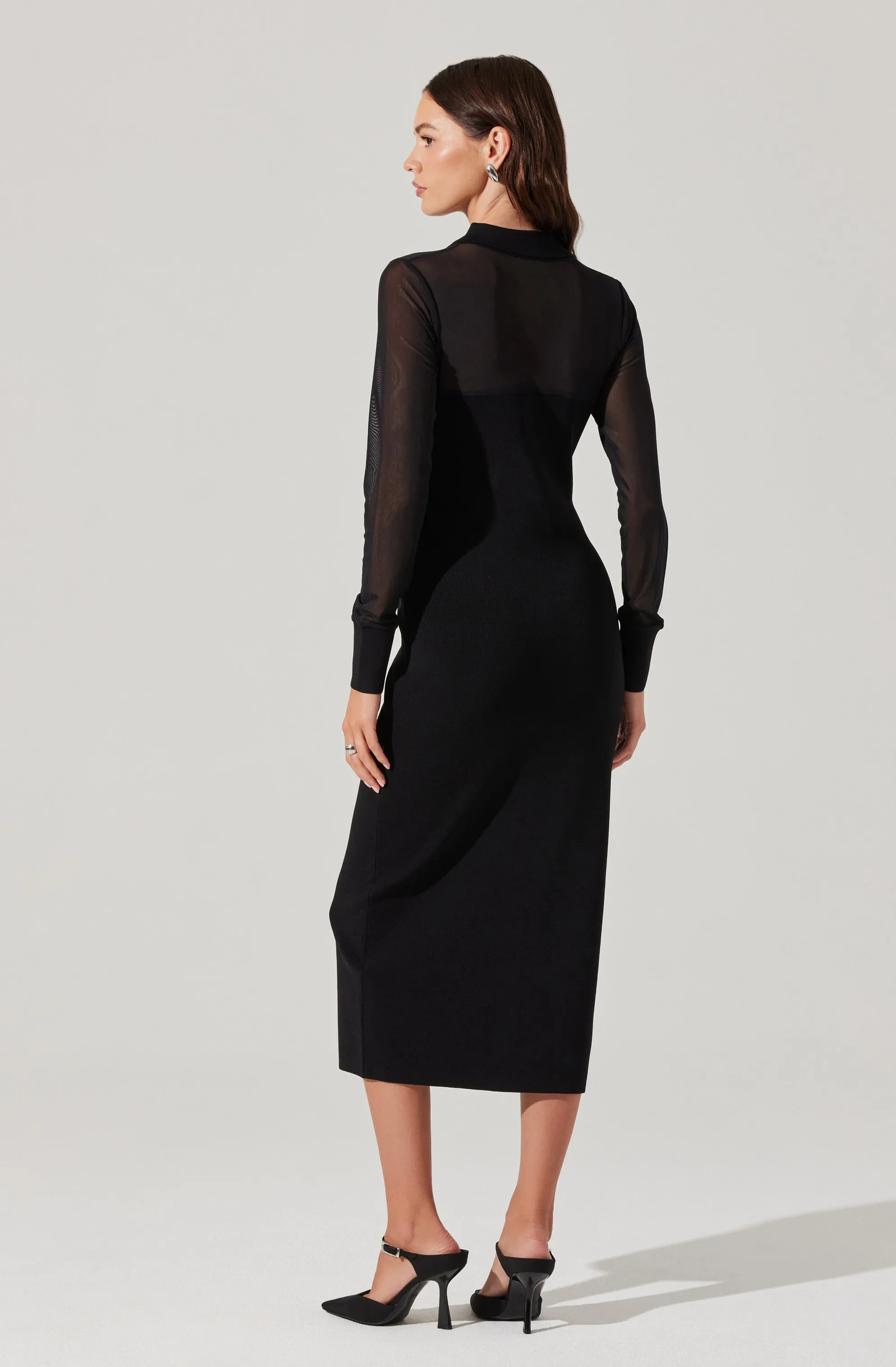 Contrast Mesh Collared Midi Dress