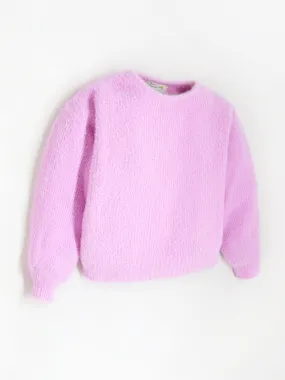 Cute Baby Pink Puffy Sleeve Warm Solid Round Neck Sweater For Girls