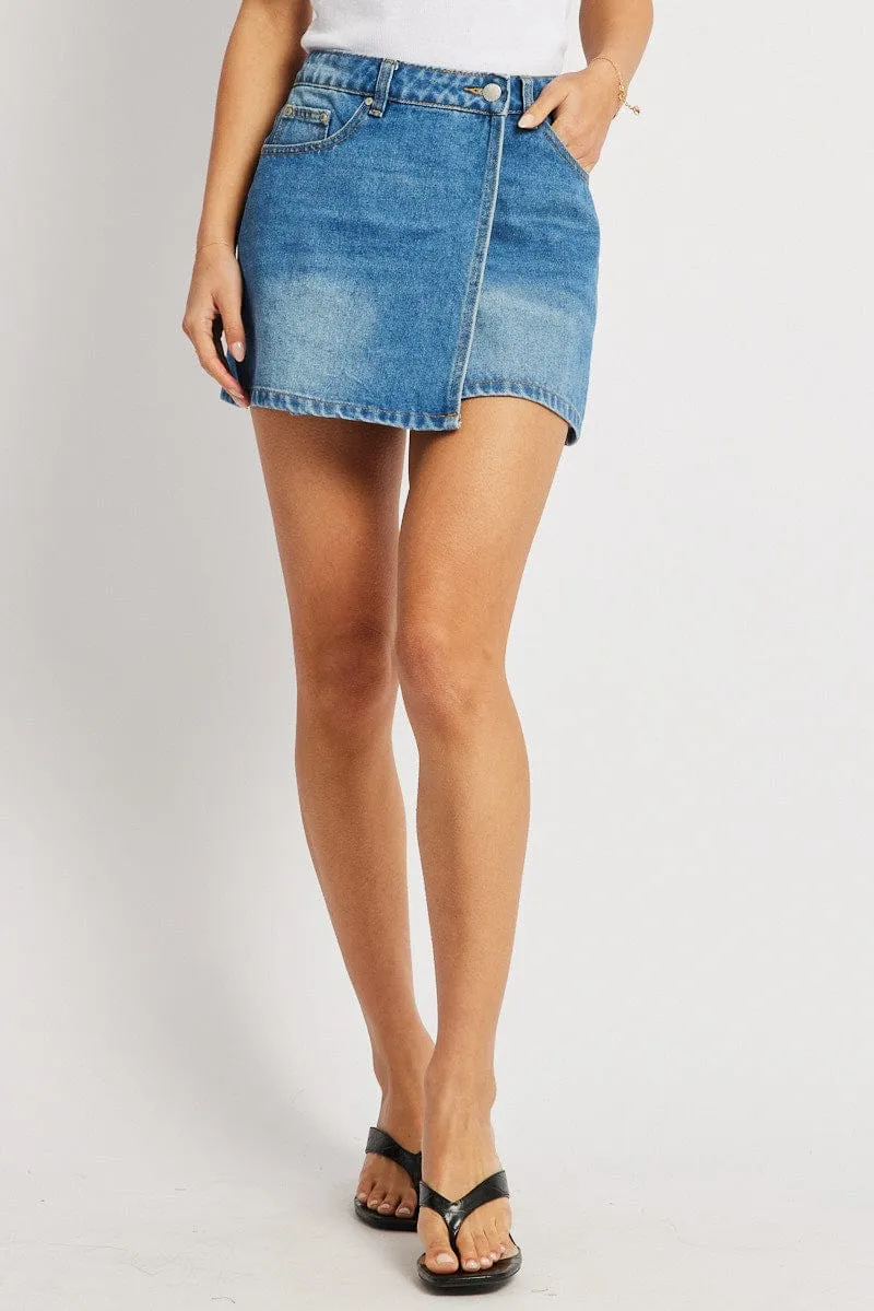 Denim Asymmetric Skirt Mid Rise Wrap Mini