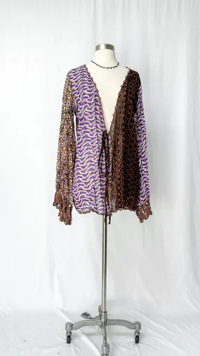 Emamó Purple & Brown Crochet Trim Tie Front Cover-Up Top (S)