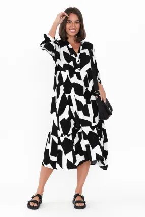 Leela Black Abstract Sleeved Dress