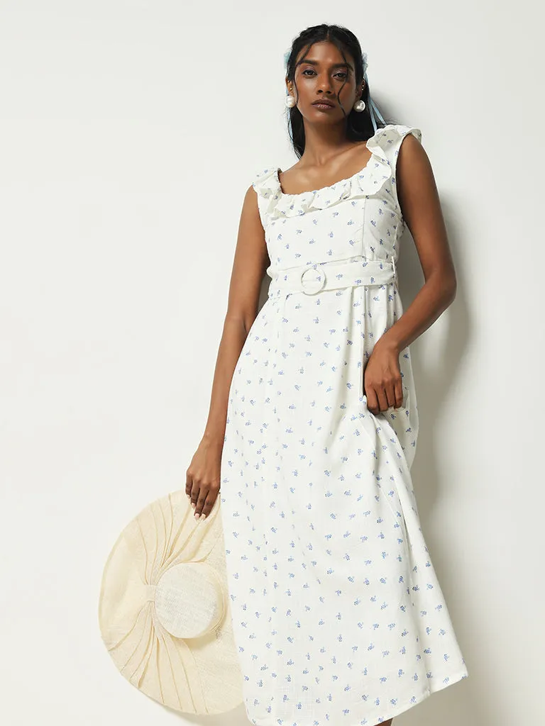 LOV White Floral A-Line Blended Linen Dress with Belt