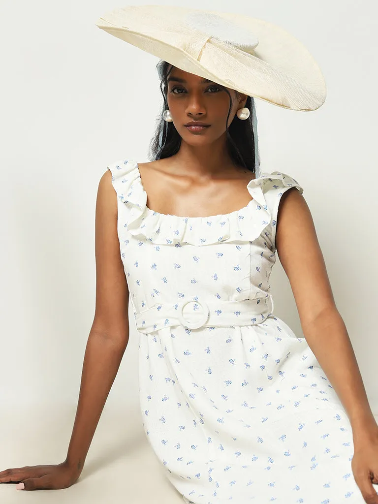 LOV White Floral A-Line Blended Linen Dress with Belt