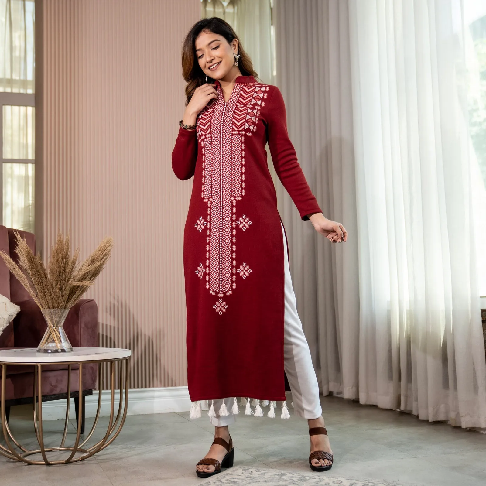 Maroon Acrylic Geometrical Print Kurta with Tassels Detailing