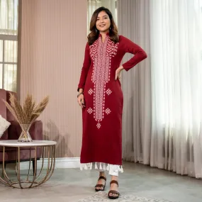 Maroon Acrylic Geometrical Print Kurta with Tassels Detailing