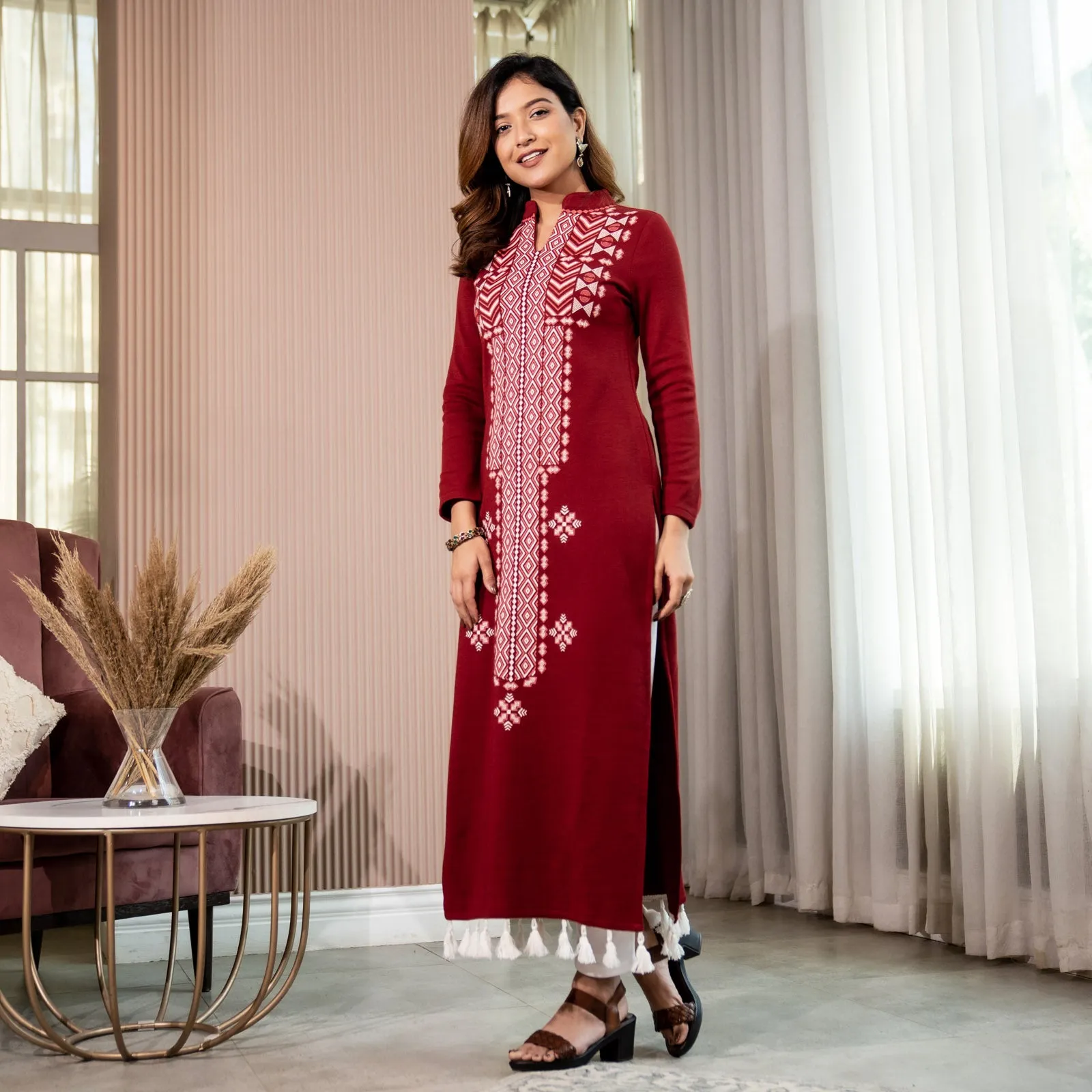 Maroon Acrylic Geometrical Print Kurta with Tassels Detailing