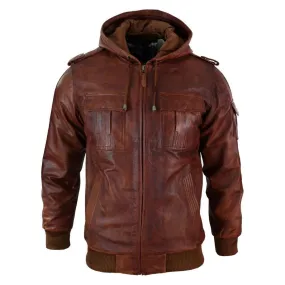 Men's Leather Hooded Bomber Tan Jacket