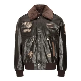 Men's Leather Jacket Bomber Aviator Badge Brown