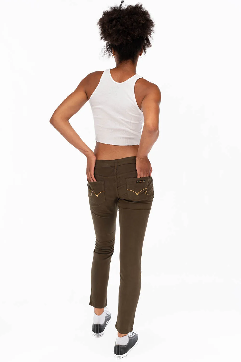 ROBIN'S LOW RISE WOMENS SKINNY JEANS IN DARK GREEN WITH GOLD EMBROIDERY AND LOGO