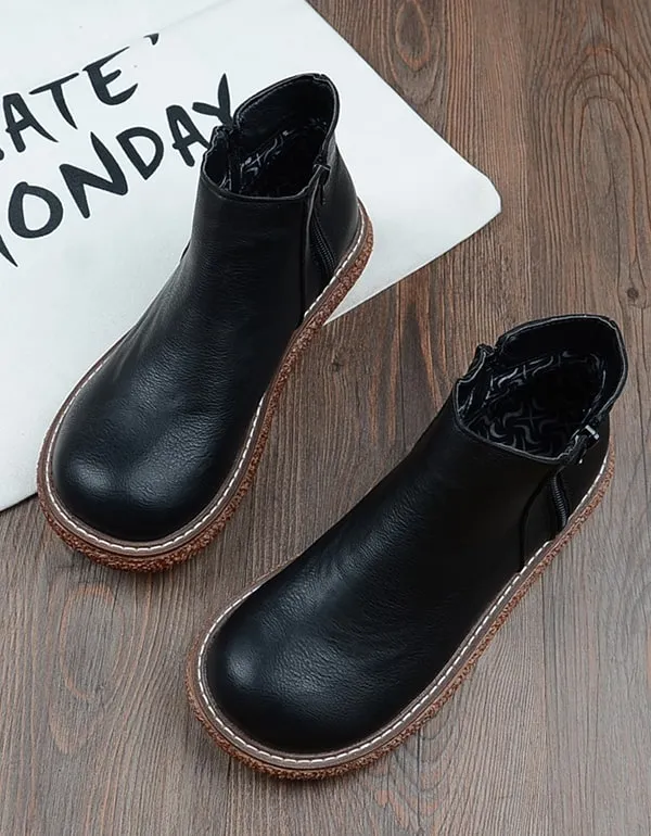 Round Toe Smooth Leather Retro Wedge Boots