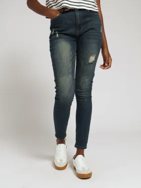 Tea Stained Abraised Skinny Jean - Dark Wash