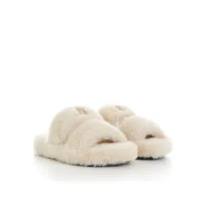 Triomphe Open Shearling Fur Slide Sandals - Signature Leather Patch