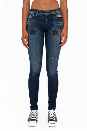 WOMENS MIDRISE SKINNY JEANS IN DARK BLUE WASH WITH CRYSTAL STARS