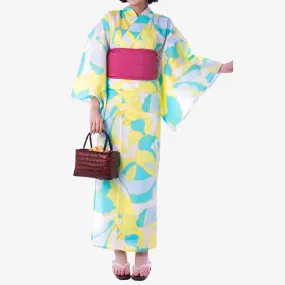 Women's Yukata Large - bright Yellow and blue floral print