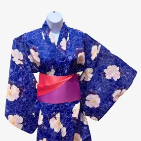 Women's Yukata XXL - navy blue with white chrysanthemum print